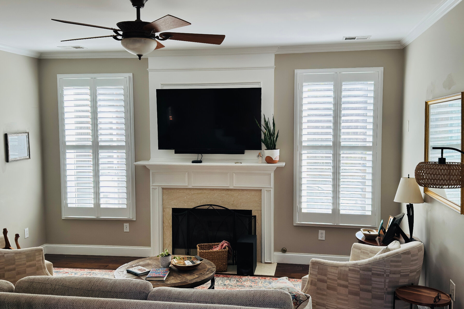 Elegant living room with custom window treatments